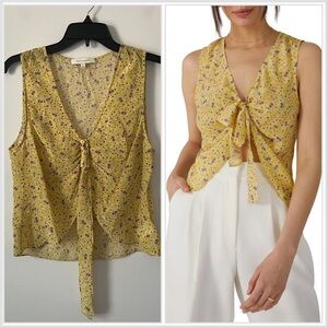 Favorite Daughter Gwen Silk Yellow Floral Tie Front Sleeveless Blouse L